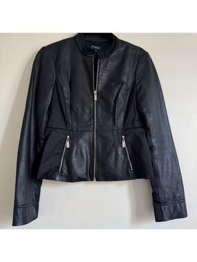 Vintage BEBE Black Leather Peplum Moto Jacket with Lace-up Back, Small